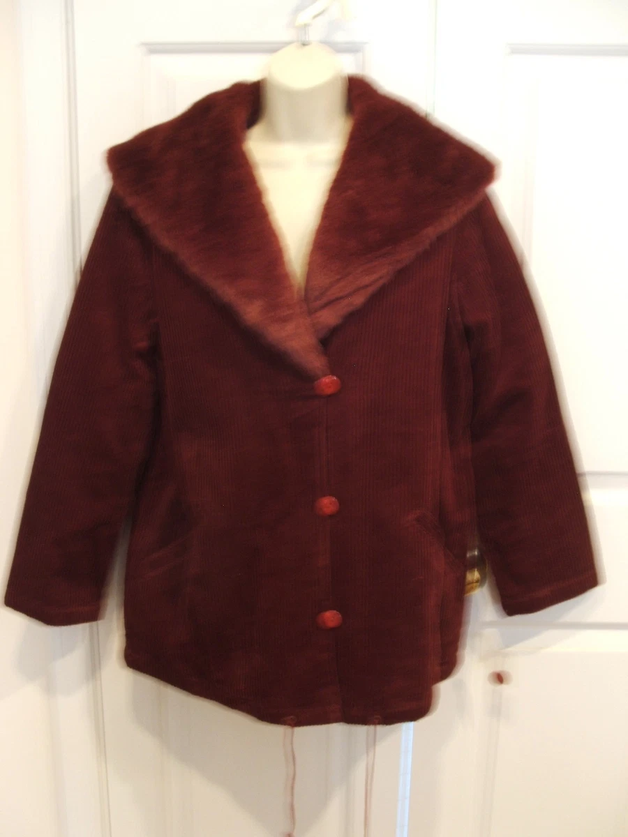 NWT Newport News BURGUNDY CORDUROY FAUX FUR COLLAR QUILTED LINING Jacket medium