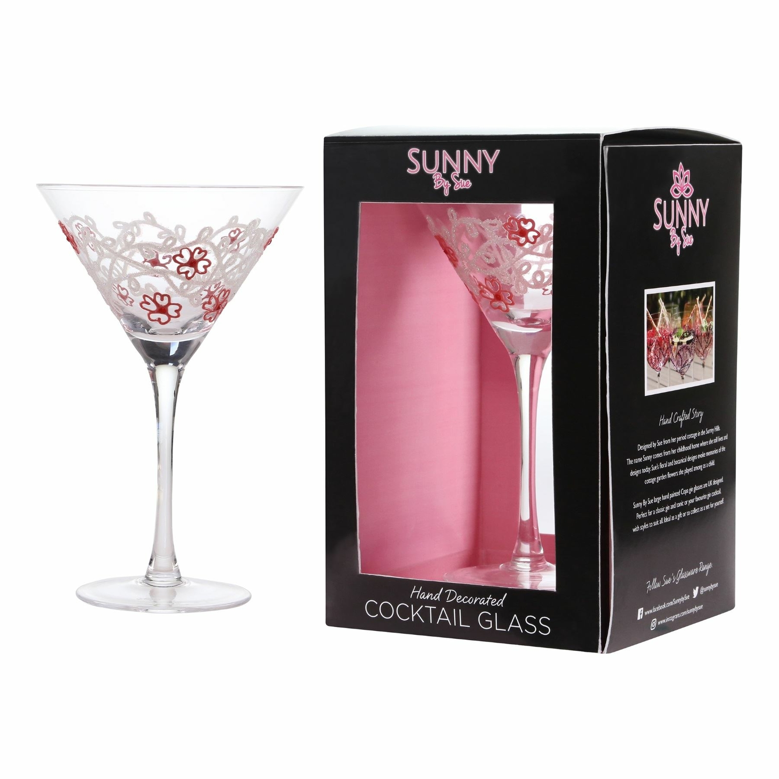 Sunny By Sue Pink Flowers Cocktail Glass Iridescent Glitter Hand Painted Gift