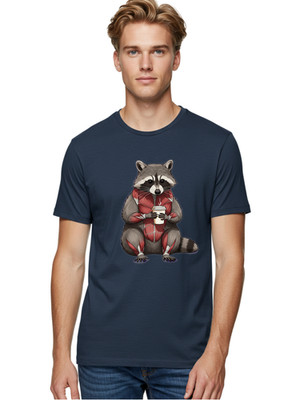 Raccoon-Drinking-Coffee-1 Mens Graphic Tee, 100% Cotton, Casual Summer Wear