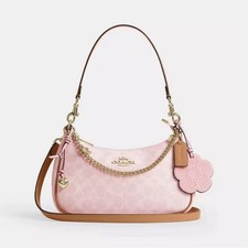 NWT Coach Teri Shoulder Bag Signature Canvas With Charms Gold/Powder Pink CEA20