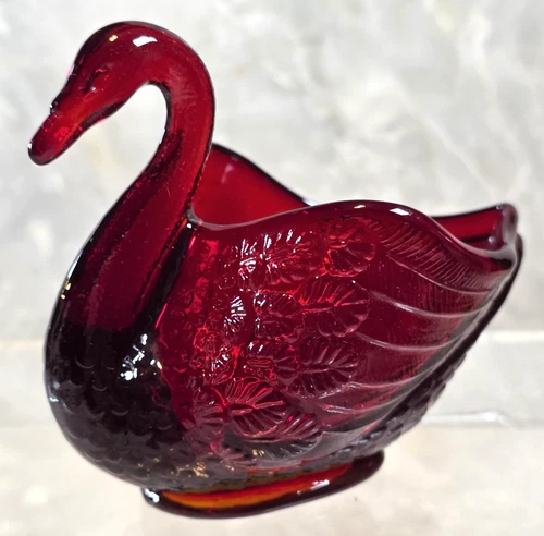 Vintage Fenton Ruby Red Amberina Glass Swan Candy Trinket Dish Cadmium GLOWS MCM