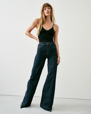 Spanx EveryWear Wide Leg Jeans Sz XL High Rise Raw Indigo Pull On Dark Denim