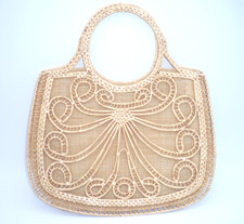 Vtg Rattan Weaved Coils Straw Hand Bag Tote Purse Ring Handles Artistic Beige