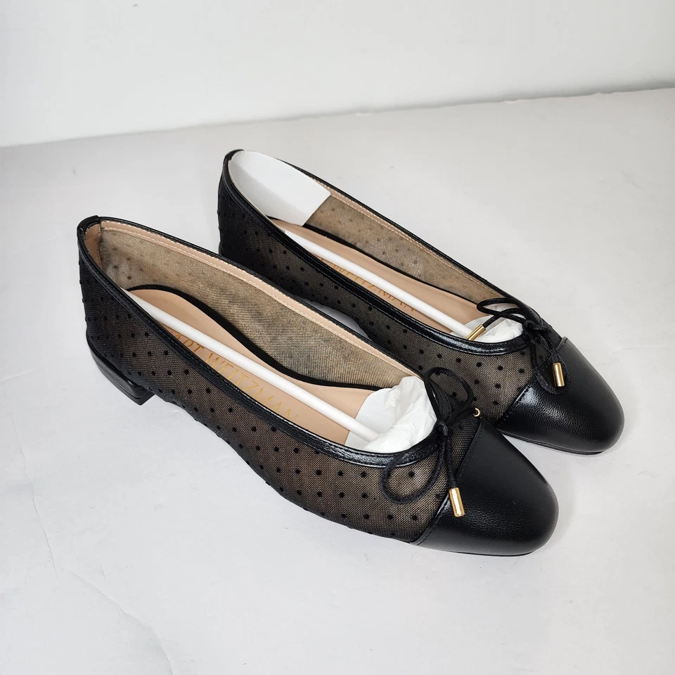 Stuart Weitzman Women's Black Leather and Mesh Bow Flat Ballet Shoes Size 5.5 - Image 4 of 4