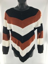 Plus Size 1X Chevron Striped V Neck Knit Sweater Brown Black White Casual NEW