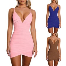 Womens Summer Deep V-Neck Bodycon Mini Slip Dress Beach Party Cocktail Sundrss