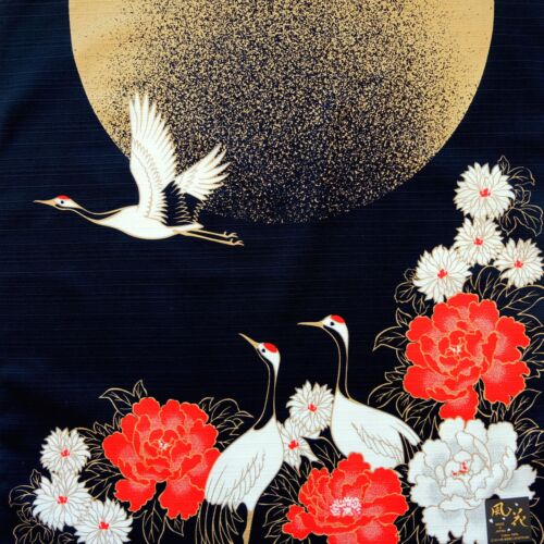 Japanese Cotton Furoshiki Cloth Crane Birds & Golden Moon Black TB6 - 第 1/4 張圖片