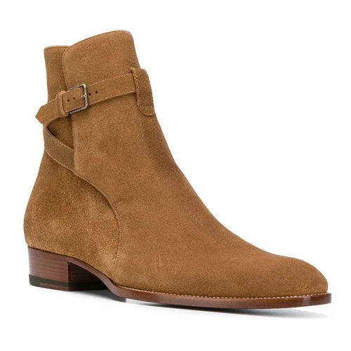 Buckle Mens Pointed Toe Chelsea Ankle Boots Motor Shoes Real Leather Mid Heel - Picture 2 of 14