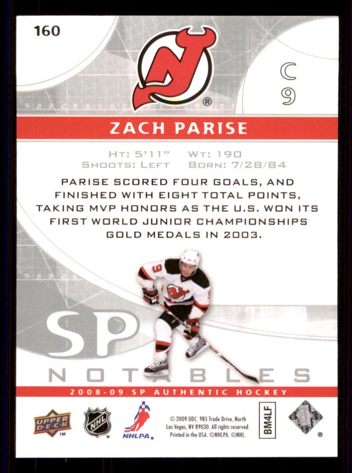 2008-09 SP Authentic #160 Zach Parise N /999 - Image 2 of 2