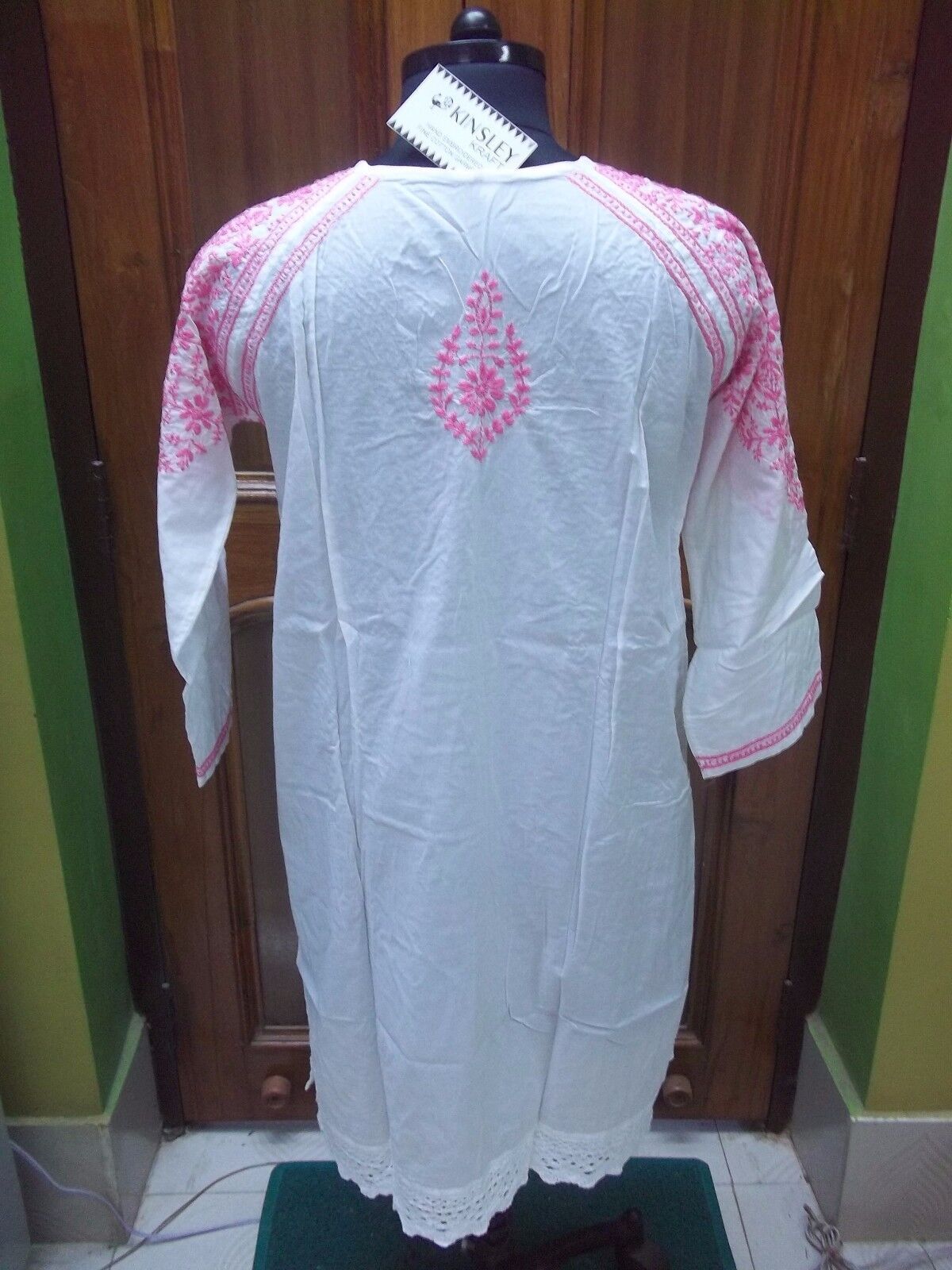 100% COTONE M 41 ABITO ETNICO TUNICA RICAMO CHIKAN TOP FATTO A MANO
