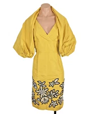 Yellow FLORAL APPLIQUÉ SILK DRESS Shrug Fit-Flare BY CARLISLE/ SIZE 6/ MSRP $845