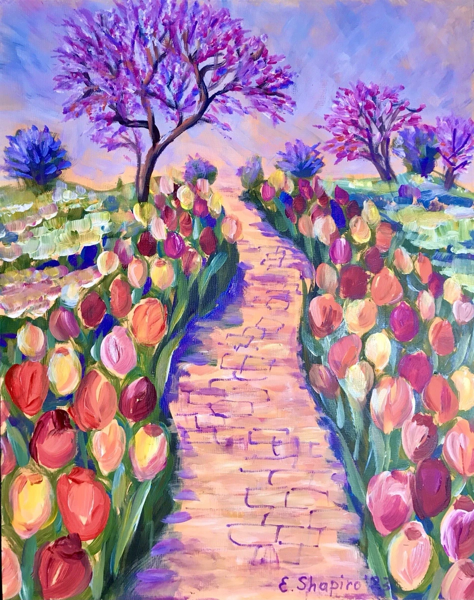 Acrylic Painting Tulip Flower Garden Landscape. Colorful Wall Art 11x14