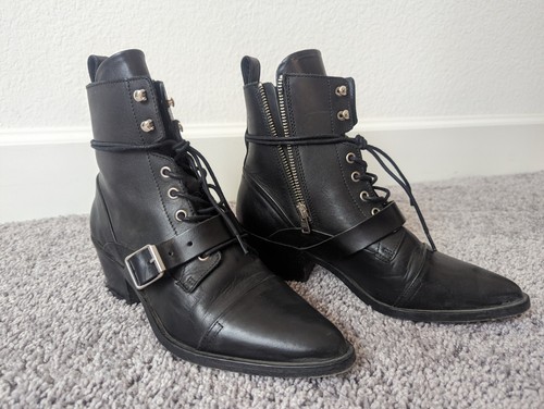 ALLSAINTS Katy Leather Lace Up Boot Moto Combay Chunky Black US 7.5