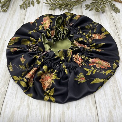 Reversible 100% pure silk bonnet Wild  Rose and Olive bonnet