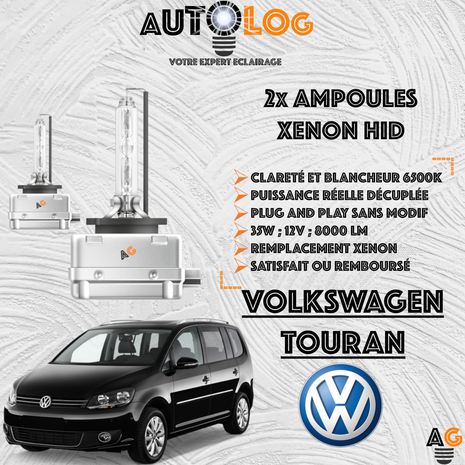 Ampoules Xenon HID Volkswagen Touran | Kit 2 optiques de phares avant de rechange 12V