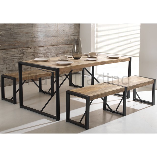 Harbour Indian Reclaimed Wood Furniture Dining Table With Two Large Benches