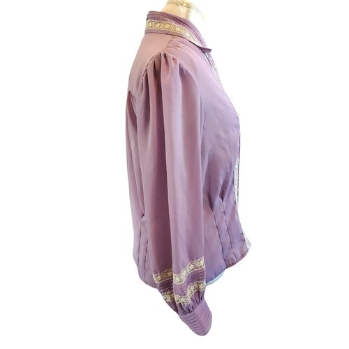 Blusa Secretaria Vintage Lila Púrpura Transparente Manga Larga Encaje Perlas Talla Mediana - Imagen 3 de 11