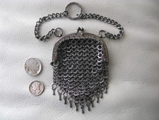 Antique Chatelain Gun Metal Silver 11 Drop Tassel Flat Ring Coin Purse 1890s