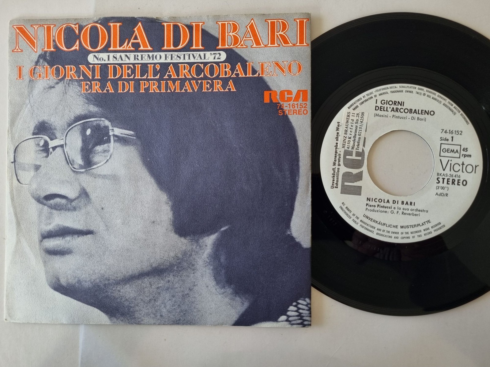 Nicola Di Bari - I Giorni Dell' Arcobaleno 7'' Vinyl Germany PROMO