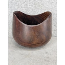 Vintage Hand Turned Solid Wood Scalloped Rim Bowl Mid Century Modern Dark Brown