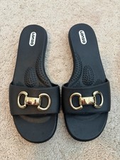 Lonza Black Slip On Sandals Flip Flops Womens Size M/L Gold Hardware Made in USA