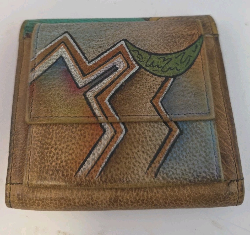 Anuschka Leather Tri-Fold Wallet Hand Painted Southwestern Tribal Colorful image 2