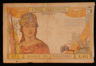 French Indo China 5 Piastres Banknote 1932. Serial # X.432 10796473. Pick# 55a