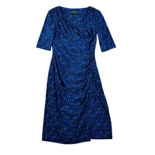 Lauren Ralph Lauren Blue Black Geometric Print Faux Wrap Dress Midi Size 4