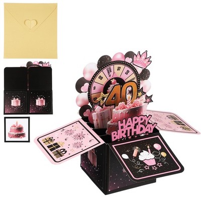 40th Birthday Card, Money 3D Turntable for Birthday Party, Black Pink
