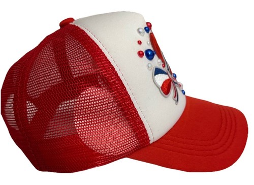 Custom Patriotic USA Trucker Hat Pearl Embellished Red Snapback Cap - Picture 6 of 6