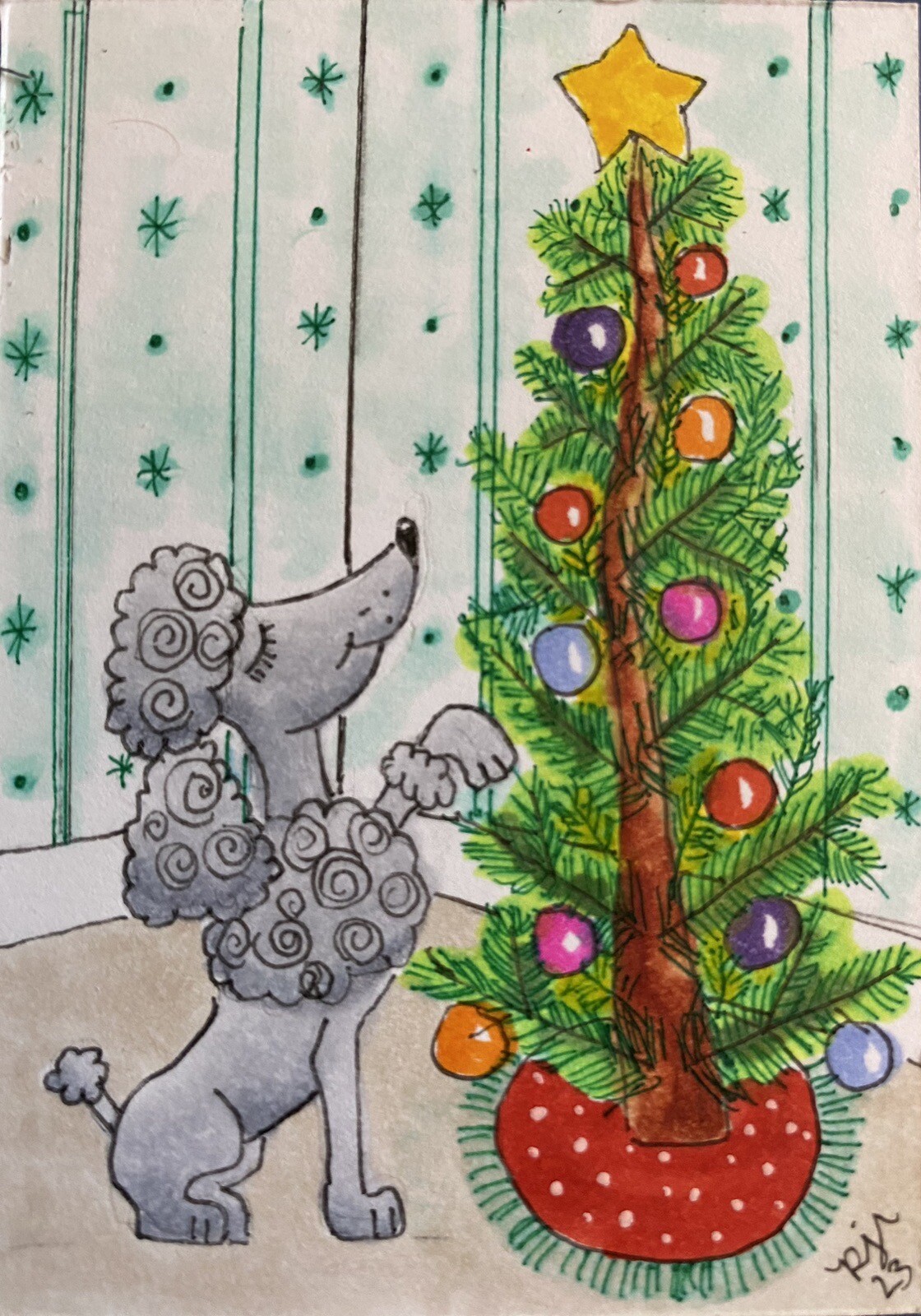ACEO Original Painting  Outsider Whimsy Artist PJR &ldquo;My Pretty Tree&rdquo; Christmas