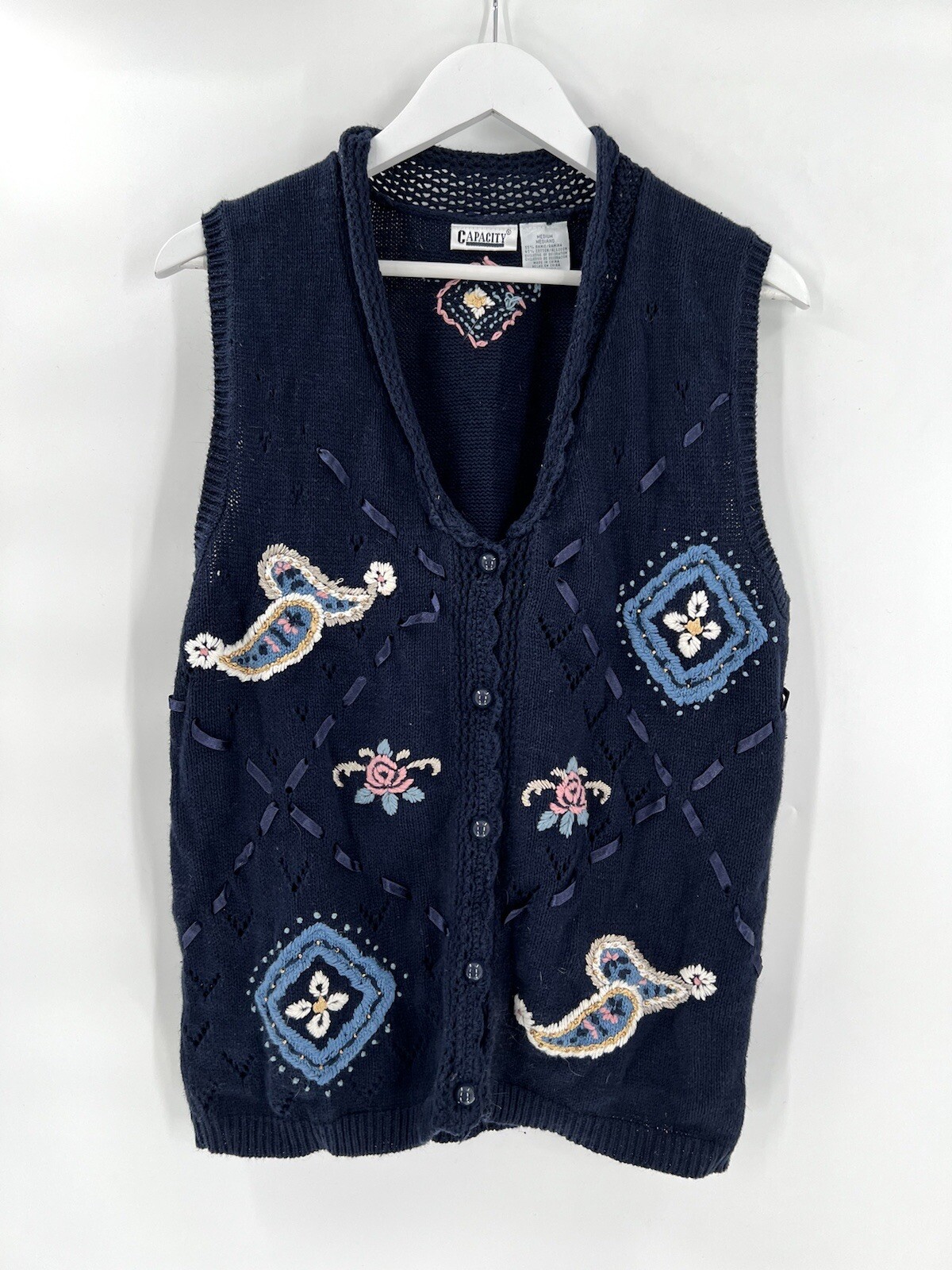 Capacity Navy Blue Knit Sweater Vest Womens M Vintage Floral Fair Isle  Buttoned | eBay