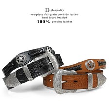 Texas Star Conchos Genuine Cowhide Engraved Full Leather Belt 1-1/2" 38mm Wide