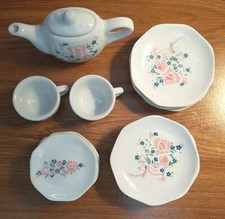 VTG Konghua Craft China 14-pc Doll Dishes Teapot Cups Plates; Rose Blue Flowers