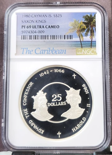 1980 CAYMAN ISLANDS SILVER 25 DOLLARS SAXON KINGS NGC PF 69 ULTRA CAMEO TOP POP
