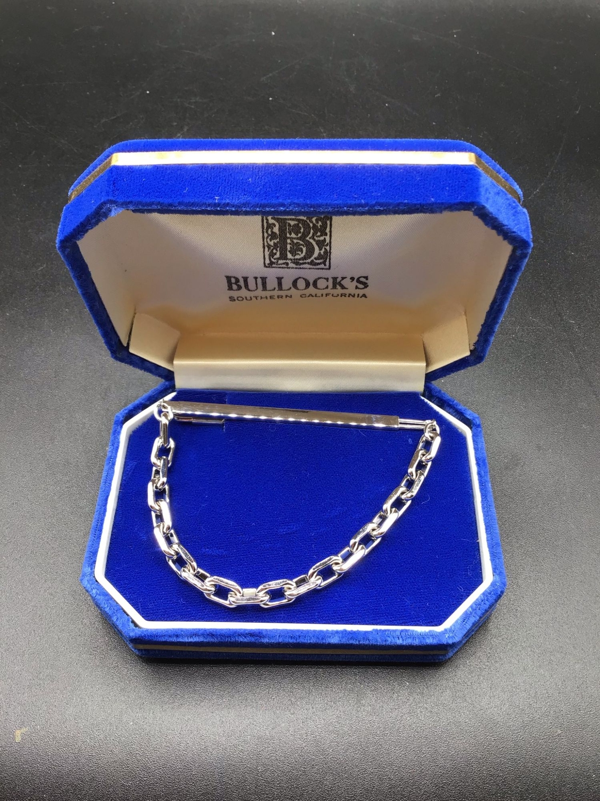 Vintage Bullock's Tie Bar Chain Silver Tone in Original Blue Box New