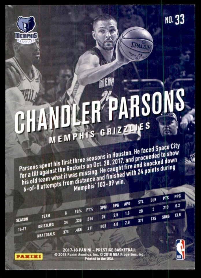 2017-18 Panini Prestige Chandler Parsons Memphis Grizzlies #33 - Image 2 of 2