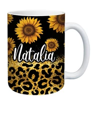 15oz Sunflower Leopard Mug, , Gift4her, Monogram Mug, Sublimation Mug