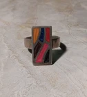 Vintage Southwestern 925 Silver Ring Size 10 Band Rectangular Inlay Gemstones