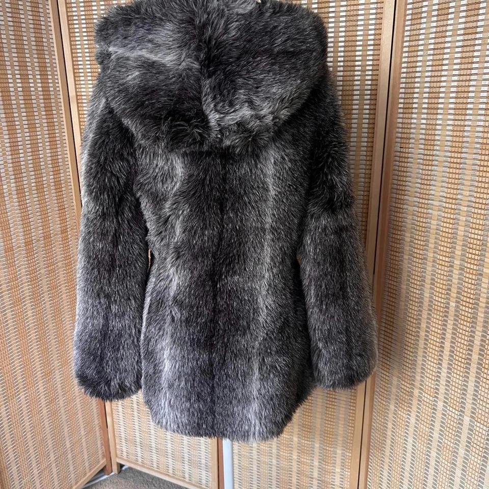 Vintage Sears fashion grey faux fur hooded zip up coat with pockets - Image 2 of 4