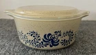 Vintage Pyrex  #472 1 1/2 Pt Homestead Speckled Tan & Blue Casserole Dish w/ Lid