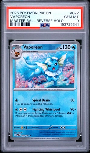 VAPOREON Prismatic Evolutions Master Ball Reverse Holo #022 PSA 10 Pokemon