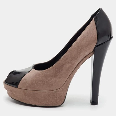 Bout ouvert plateforme Louis Vuitton taille 39 marron noir cuir verni et daim - Photo 1/4