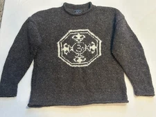 WOOLIES Bellingham WA Chunky Sweater M/L 100% Wool Fishermen Brown Thick Crest