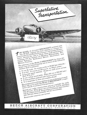 BEECHCRAFT AIRCRAFT 1940 MODEL 18 SUPERLATIVE TRANSPORTATION AD