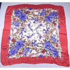 Red Blue Floral Rose Vintage 100 Silk Scarf Hand Printed Rolled Square 34x34