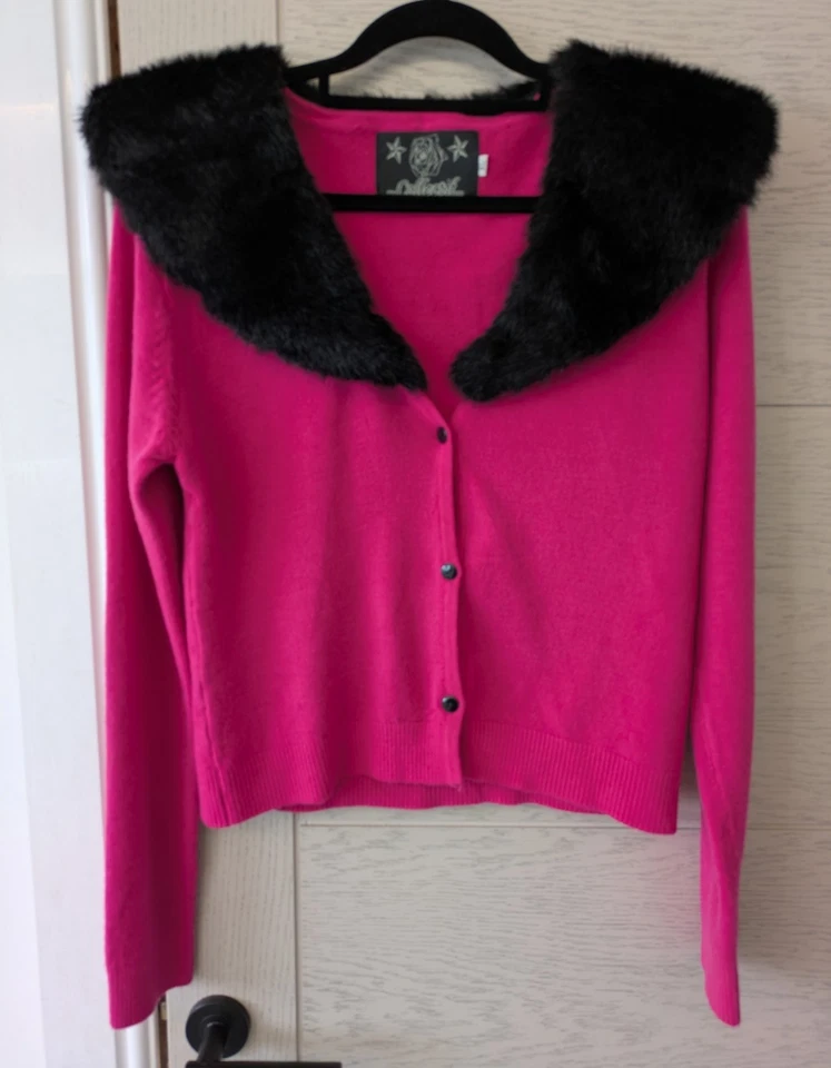 Hell Bunny Pink Knit Cardigan Button-Down Faux Fur Collar V-Neck Long Sleeve M - Image 1 of 2