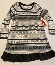 NWT Jammies for Families grey white fleece nightgown 4 Happy Holidays Christmas
