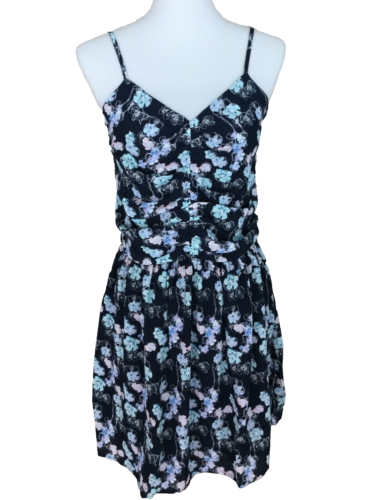 Eclair Blue Floral Dress Smocked-Back Size Large Navy Fit & Flare Flowy V-Neck