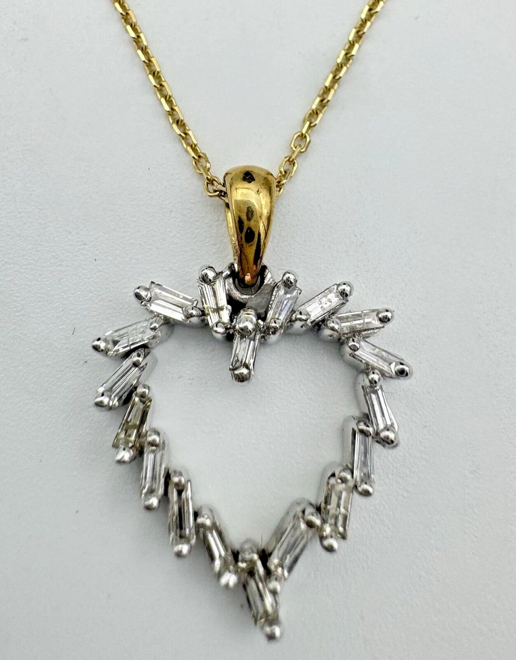 "DIJE ÚNICO CORAZÓN BAGUETTE DIAMANTE ORO 14K VINTAGE Y GENUINO 18 + CADENA 16""" Foto 4 de 4